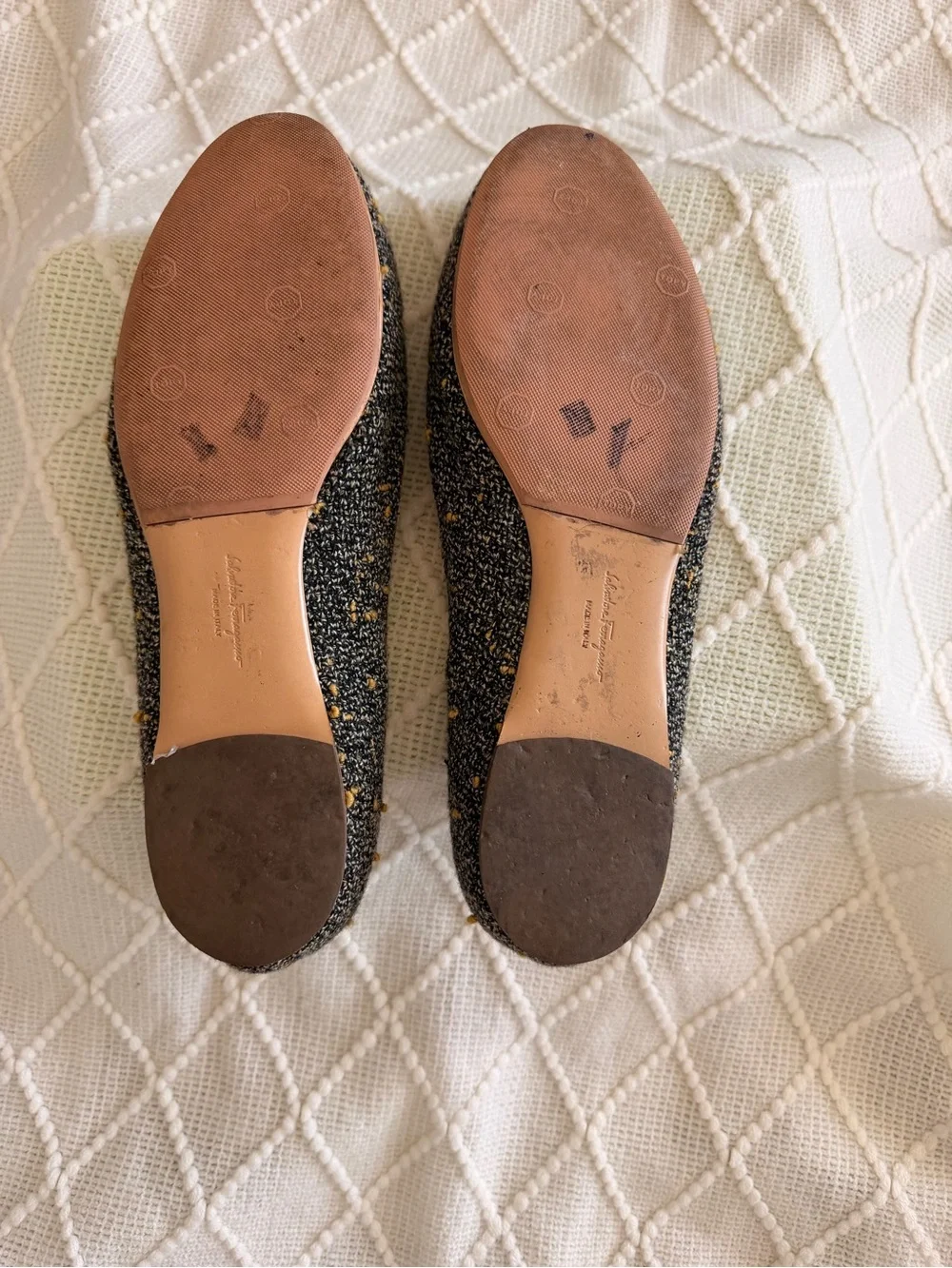 Salvatore Ferragamo Black and Mustard Tweed Vara Bow Flats